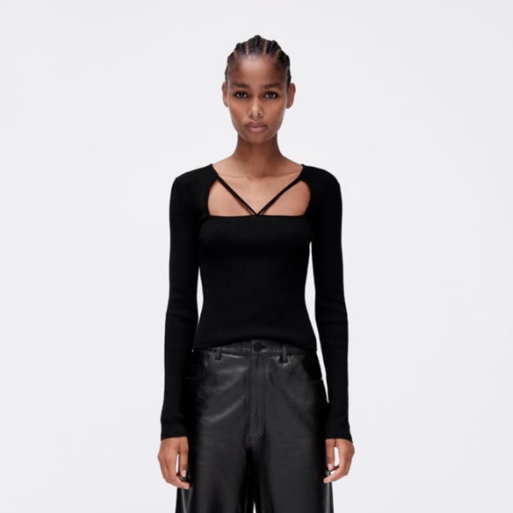 Zara Black Ribbed Long Sleeve Top small